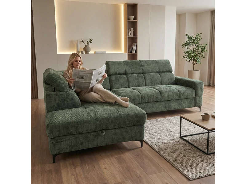 Leno ottomános sarokgarnitúra, ágyazható, ágyneműtartós jobbos